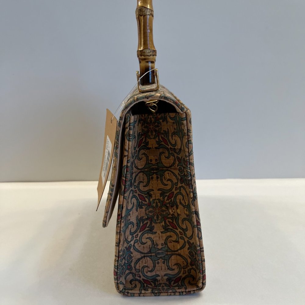 Savanna Floral Patterned Cork Satchel- Wood Handle & Gold Chain Crossbody - Picture 3 of 7
